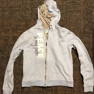 Peace Love World zip up sweatshirt with hood.